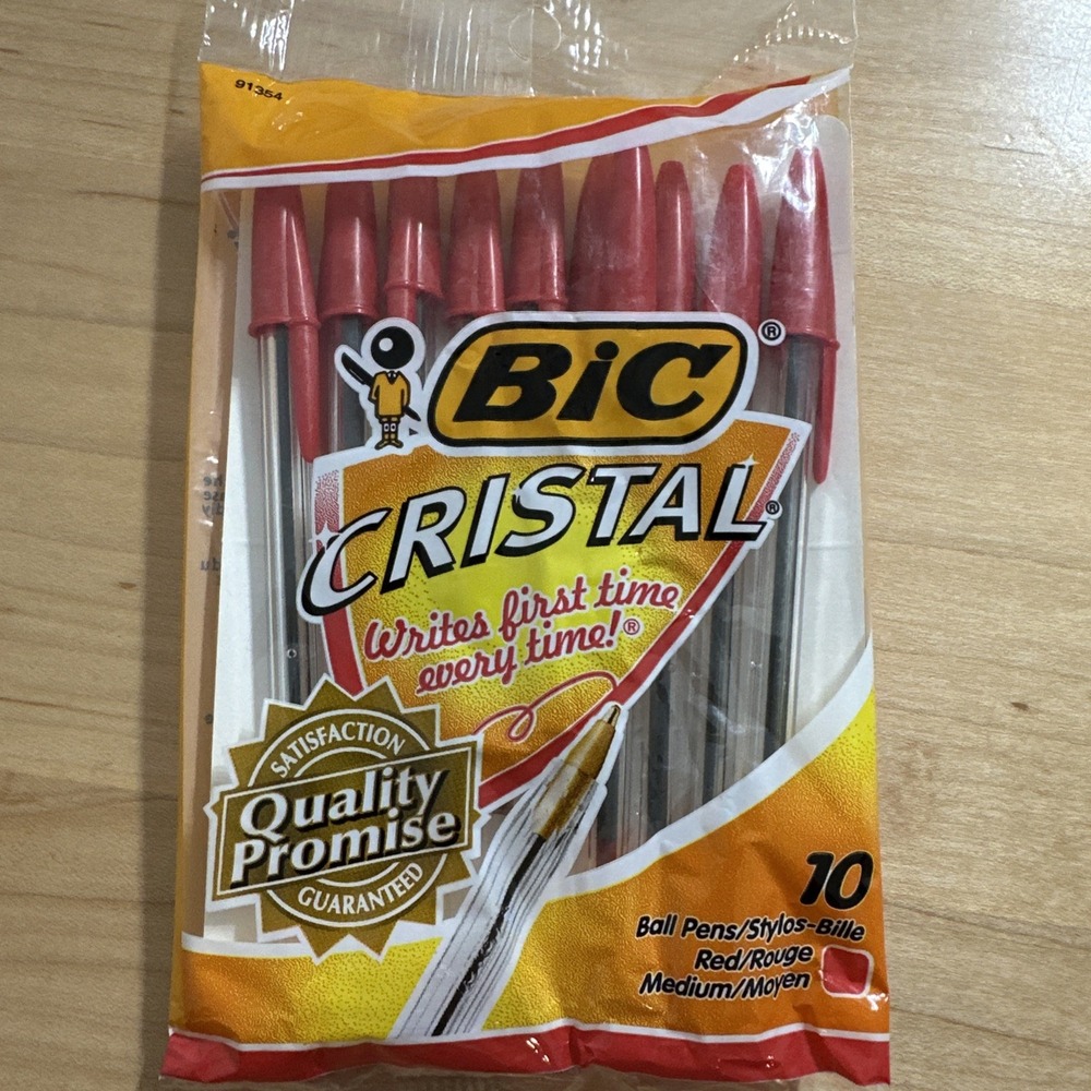 BIC Cristal Red Ink Ballpoint Pens 10 Pack Medium 1.0 mm New In Package 91354